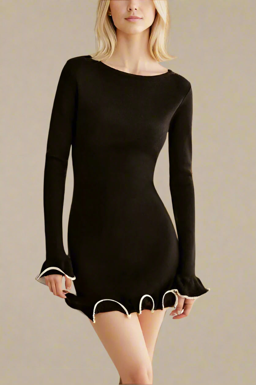Woman wearing a figure flattering Regina Long Sleeve Bodycon Mini Dress - Classic Black BODYCON COLLECTION