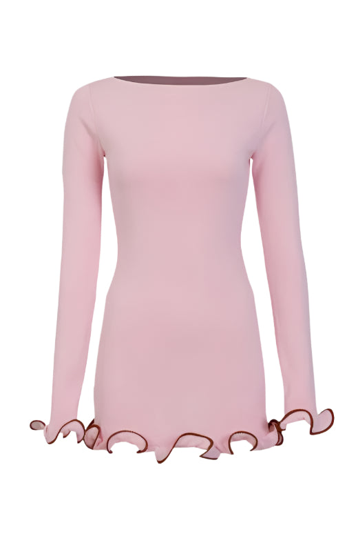 Woman wearing a figure flattering Regina Long Sleeve Bodycon Mini Dress - Dusty Pink BODYCON COLLECTION
