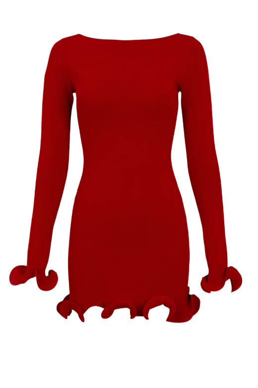 Woman wearing a figure flattering Regina Long Sleeve Bodycon Mini Dress - Lipstick Red BODYCON COLLECTION
