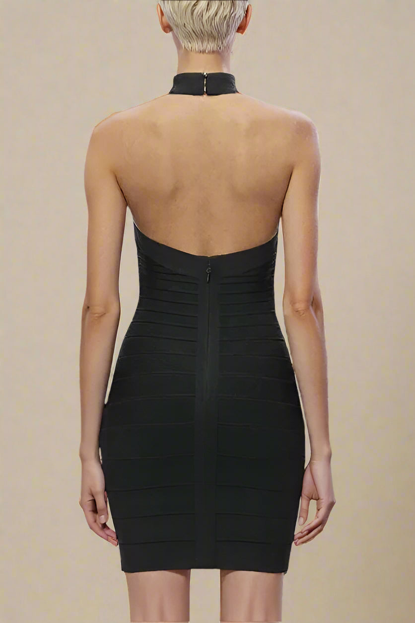 Woman wearing a figure flattering Remi Bandage Mini Dress - Classic Black BODYCON COLLECTION Pty Ltd