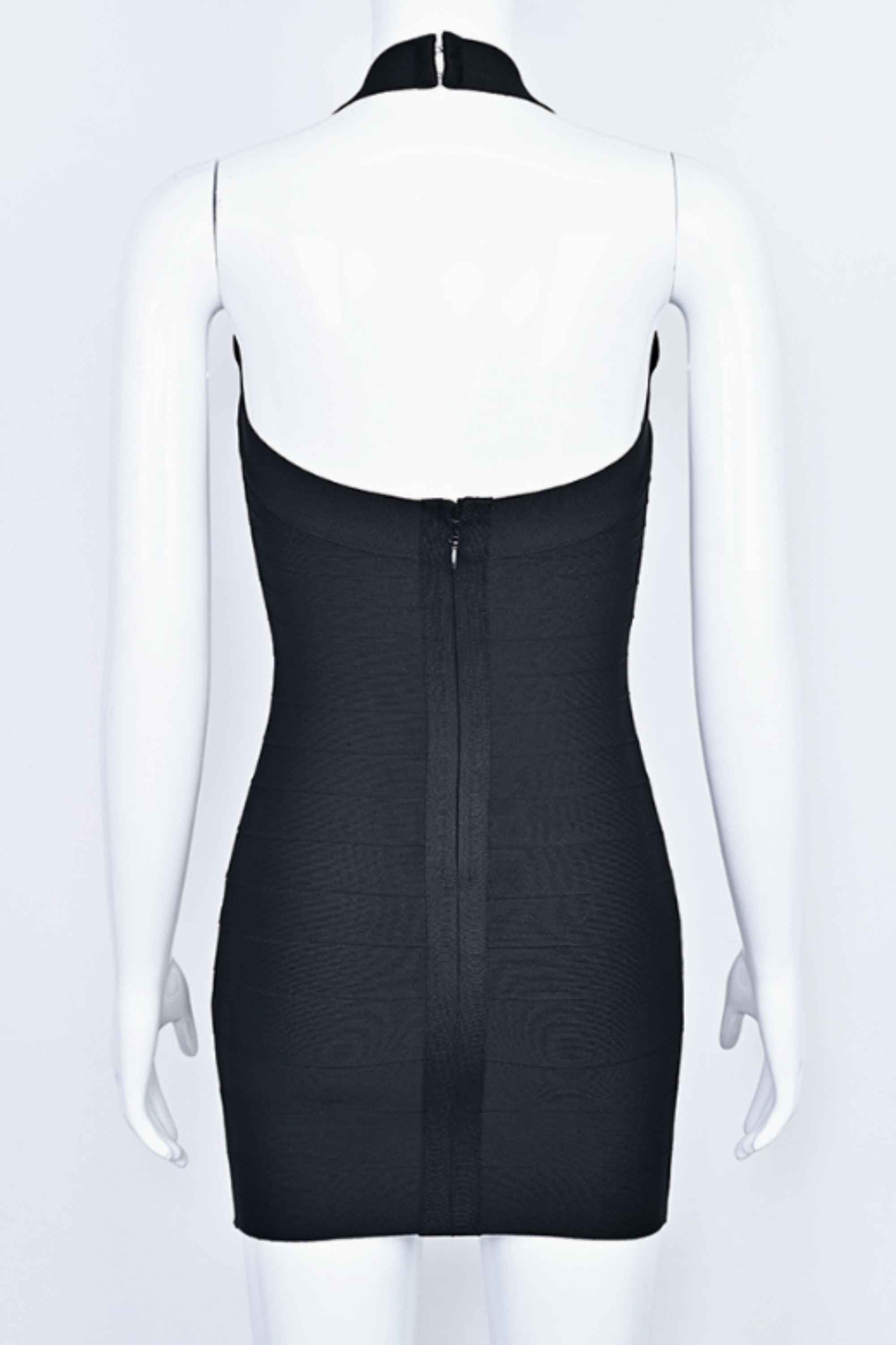 Woman wearing a figure flattering Remi Bandage Mini Dress - Classic Black BODYCON COLLECTION Pty Ltd