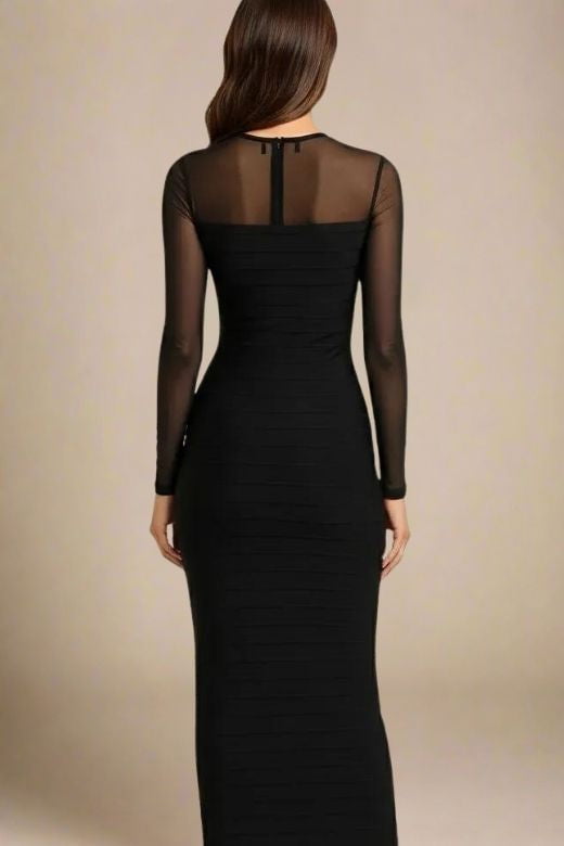 Woman wearing a figure flattering Robin Long Sleeve Bandage Maxi Dress - Classic Black BODYCON COLLECTION Pty Ltd