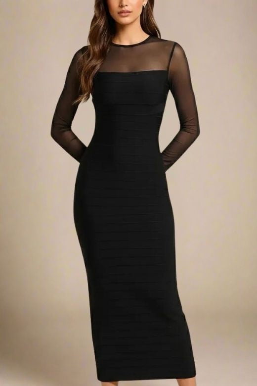 Woman wearing a figure flattering Robin Long Sleeve Bandage Maxi Dress - Classic Black BODYCON COLLECTION Pty Ltd