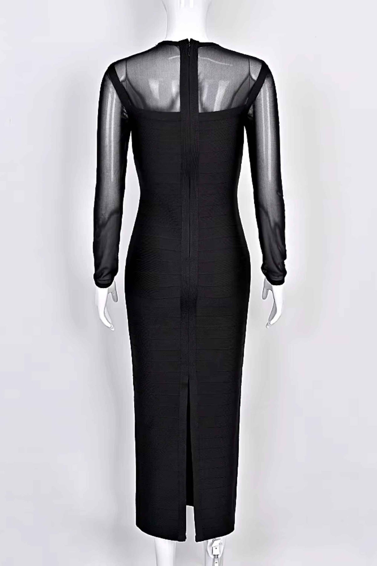 Woman wearing a figure flattering Robin Long Sleeve Bandage Maxi Dress - Classic Black BODYCON COLLECTION Pty Ltd