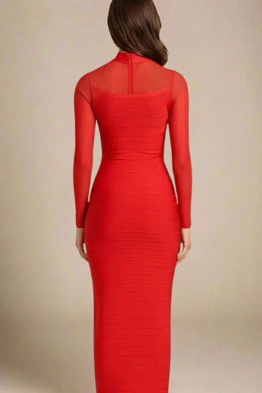 Woman wearing a figure flattering Robin Long Sleeve Bandage Maxi Dress - Lipstick Red BODYCON COLLECTION Pty Ltd