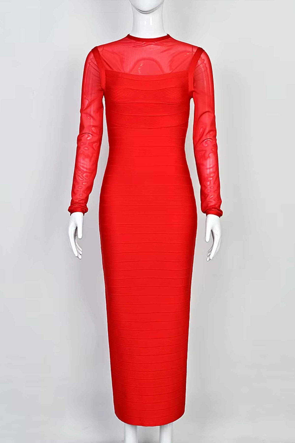 Woman wearing a figure flattering Robin Long Sleeve Bandage Maxi Dress - Lipstick Red BODYCON COLLECTION Pty Ltd