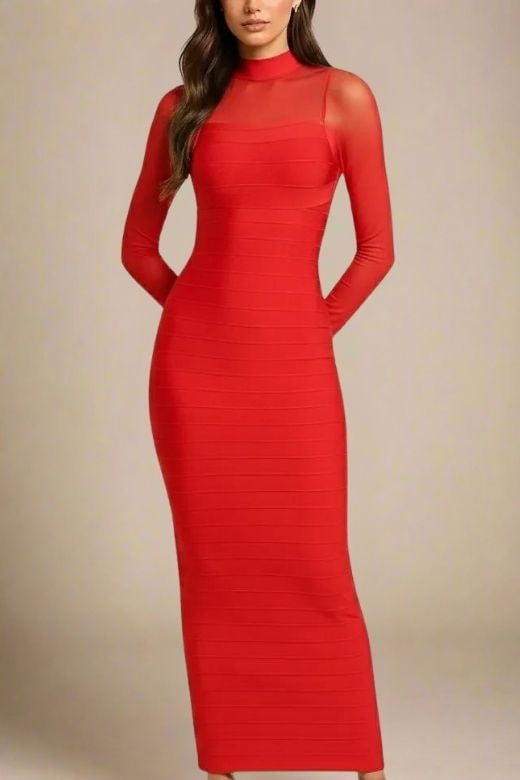 Woman wearing a figure flattering Robin Long Sleeve Bandage Maxi Dress - Lipstick Red BODYCON COLLECTION Pty Ltd