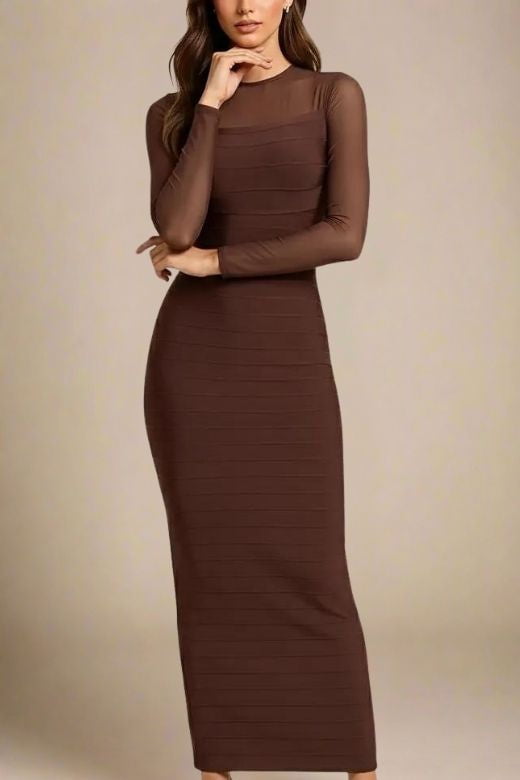 Woman wearing a figure flattering Robin Long Sleeve Bandage Maxi Dress - Tan Brown BODYCON COLLECTION Pty Ltd
