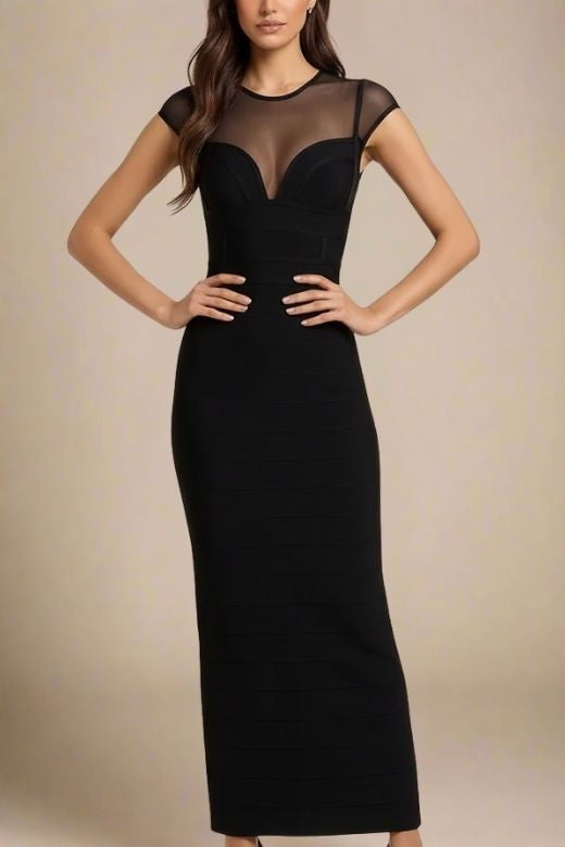Woman wearing a figure flattering Rory Bandage Maxi Dress - Classic Black BODYCON COLLECTION Pty Ltd