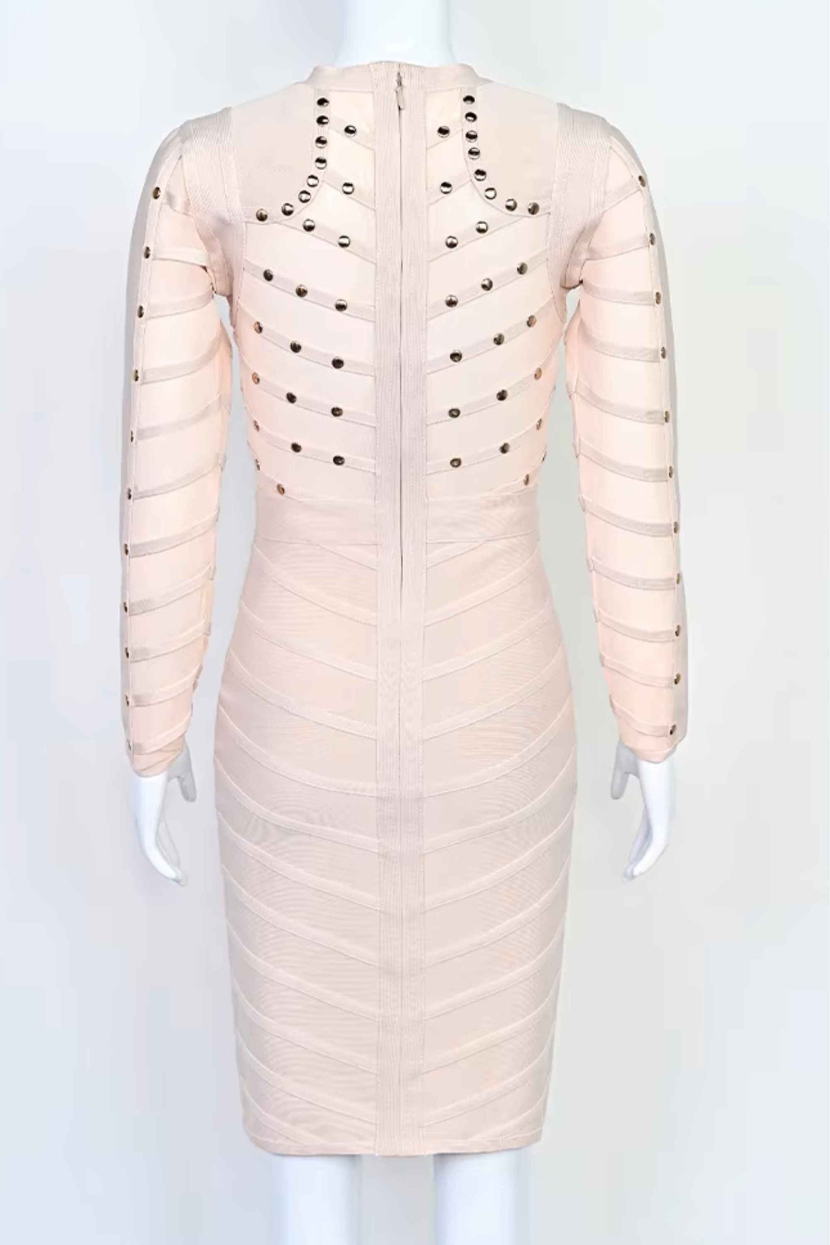 Woman wearing a figure flattering Rosa Long Sleeve Bodycon Dress - Cream BODYCON COLLECTION
