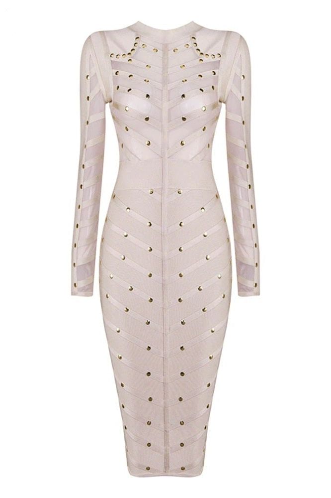 Woman wearing a figure flattering  Rosa Long Sleeve Bodycon Dress - Cream BODYCON COLLECTION