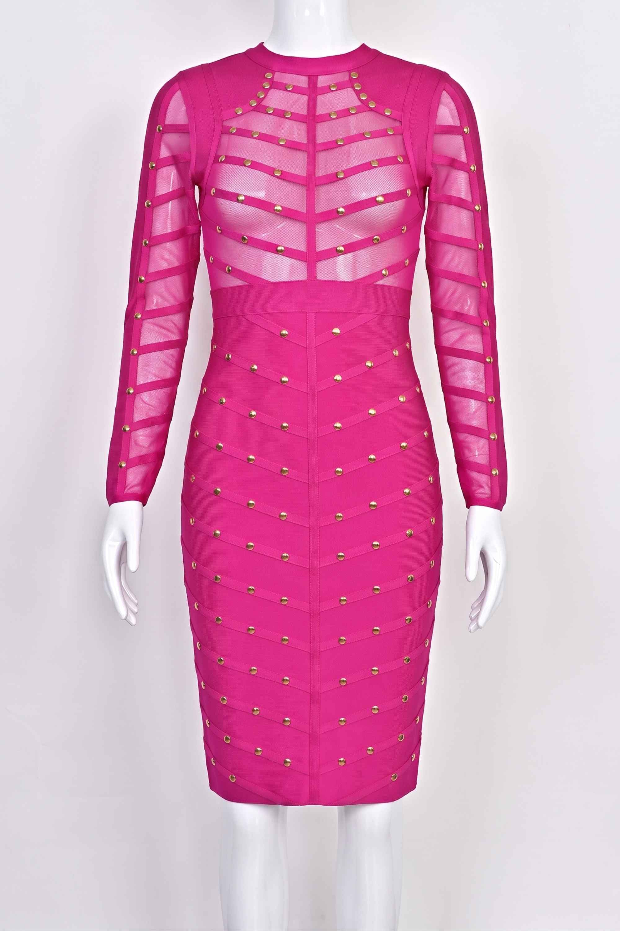 Woman wearing a figure flattering Rosa Long Sleeve Bodycon Dress - Hot Pink BODYCON COLLECTION