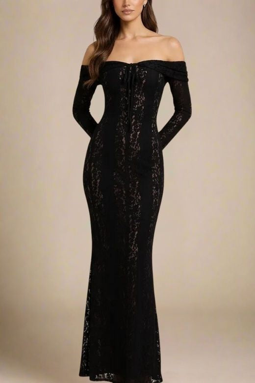 Rose Black Bodycon Maxi Dress for Women, Classic Black, Polyester and Lace, Off-Shoulder Neckline, Pencil Style Rose Black Bodycon Maxi Dress for Women, Classic Black, Polyester and Lace, Off-Shoulder Neckline, Pencil Style