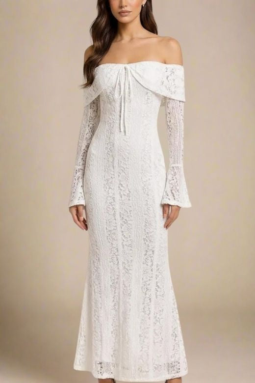 White Pearl Rose Long Sleeve Bodycon Maxi Dress