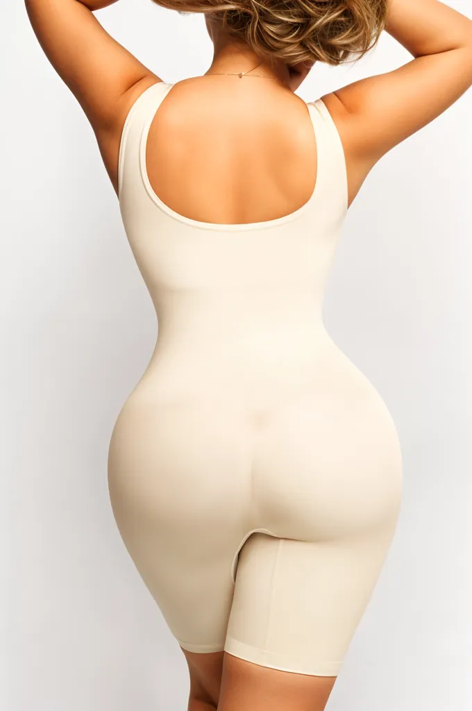 Woman wearing a figure flattering Round Neck One Piece Bodysuit Shapewear - Mid Thigh Bodycon Collection