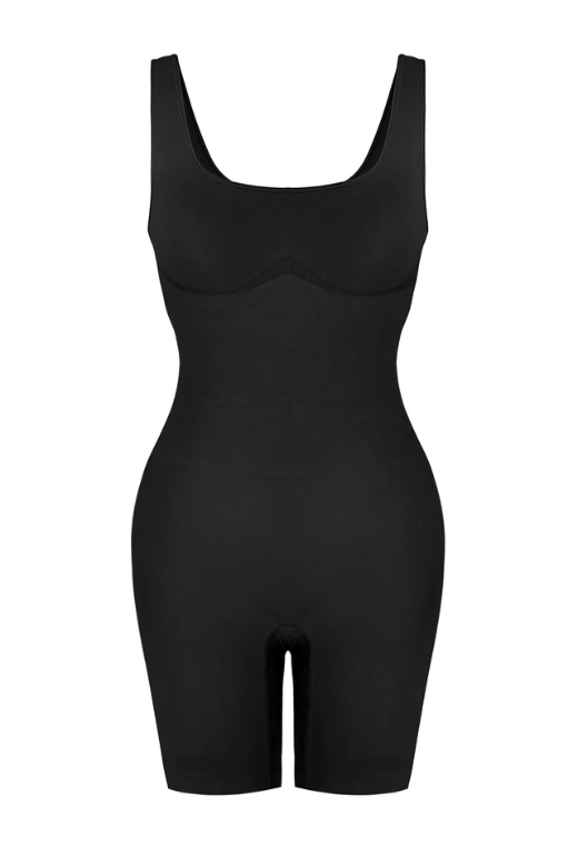 Woman wearing a figure flattering Round Neck One Piece Bodysuit Shapewear - Mid Thigh Bodycon Collection