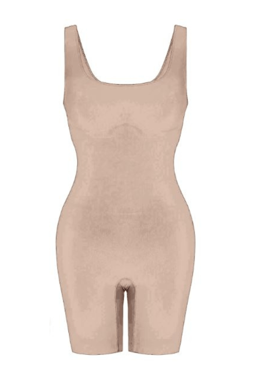 Woman wearing a figure flattering Round Neck One Piece Bodysuit Shapewear - Mid Thigh Bodycon Collection
