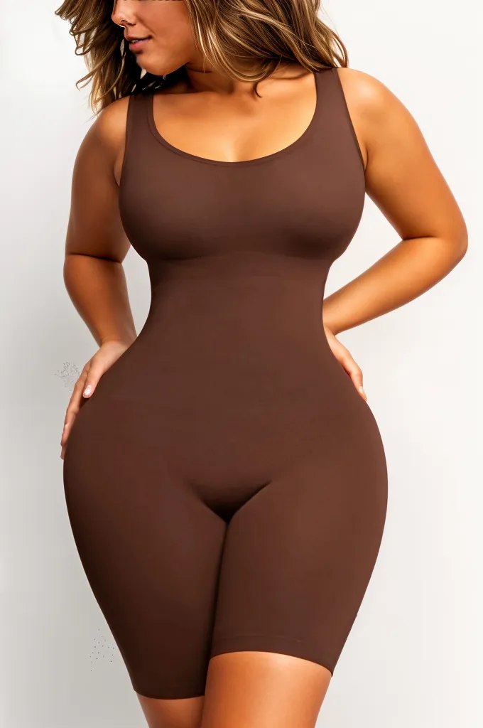 Woman wearing a figure flattering Round Neck One Piece Bodysuit Shapewear - Mid Thigh Bodycon Collection