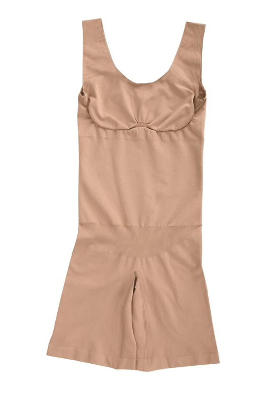 Woman wearing a figure flattering Round Neck One Piece Bodysuit Shapewear - Mid Thigh Bodycon Collection