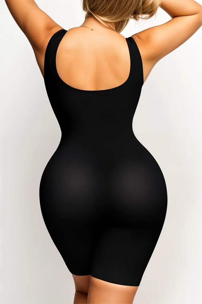 Woman wearing a figure flattering Round Neck One Piece Bodysuit Shapewear - Mid Thigh Bodycon Collection