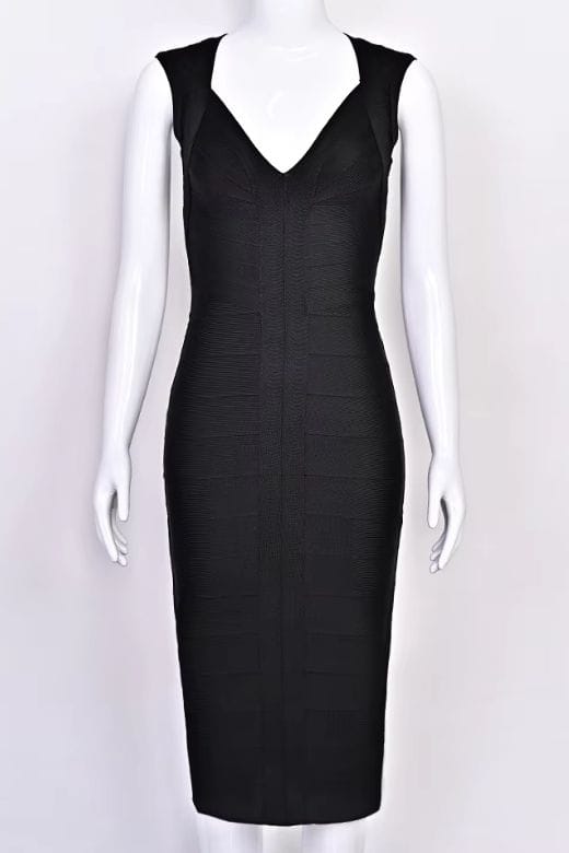 Woman wearing a figure flattering Sabrina Bandage Midi Dress - Classic Black BODYCON COLLECTION Pty Ltd