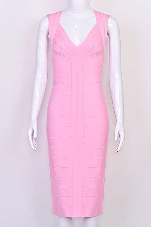 Woman wearing a figure flattering Sabrina Bandage Midi Dress - Dusty Pink BODYCON COLLECTION Pty Ltd