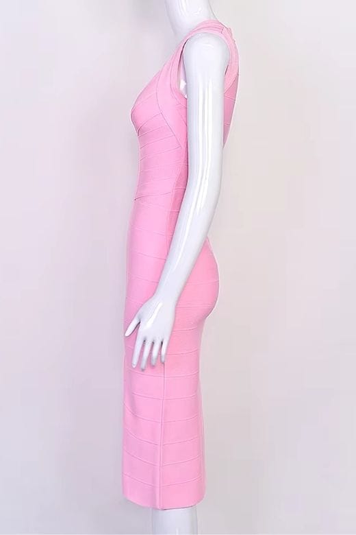 Woman wearing a figure flattering Sabrina Bandage Midi Dress - Dusty Pink BODYCON COLLECTION Pty Ltd