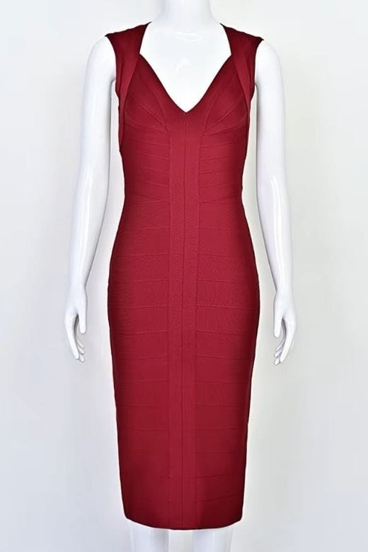 Woman wearing a figure flattering Sabrina Bandage Midi Dress - Red Wine BODYCON COLLECTION Pty Ltd