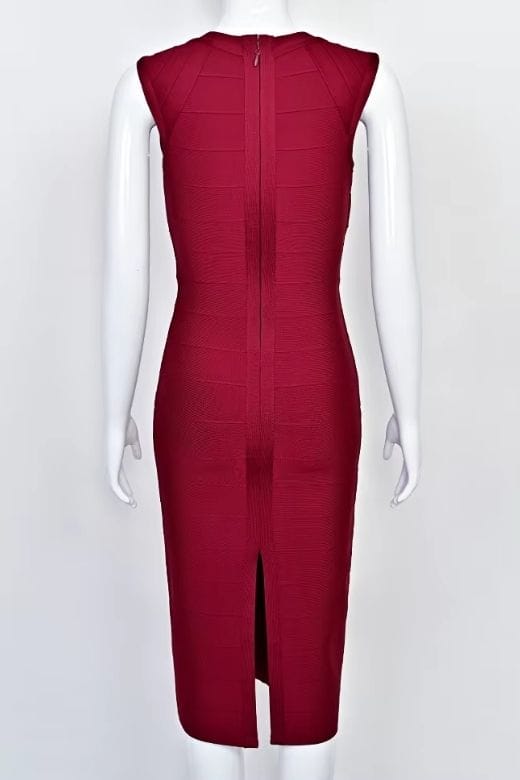Woman wearing a figure flattering Sabrina Bandage Midi Dress - Red Wine BODYCON COLLECTION Pty Ltd