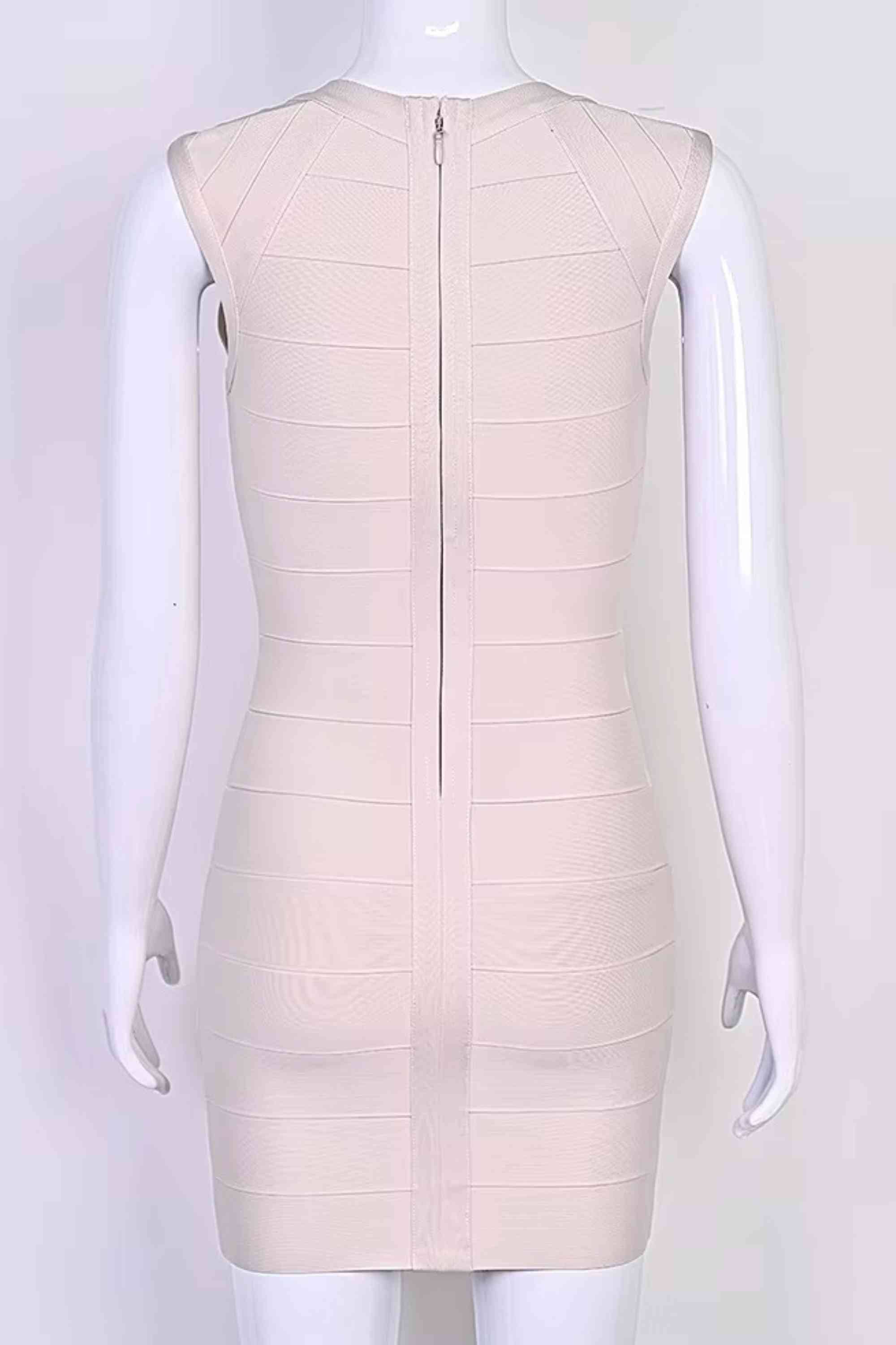 Woman wearing a figure flattering Sabrina Bandage Mini Dress - Beige BODYCON COLLECTION Pty Ltd