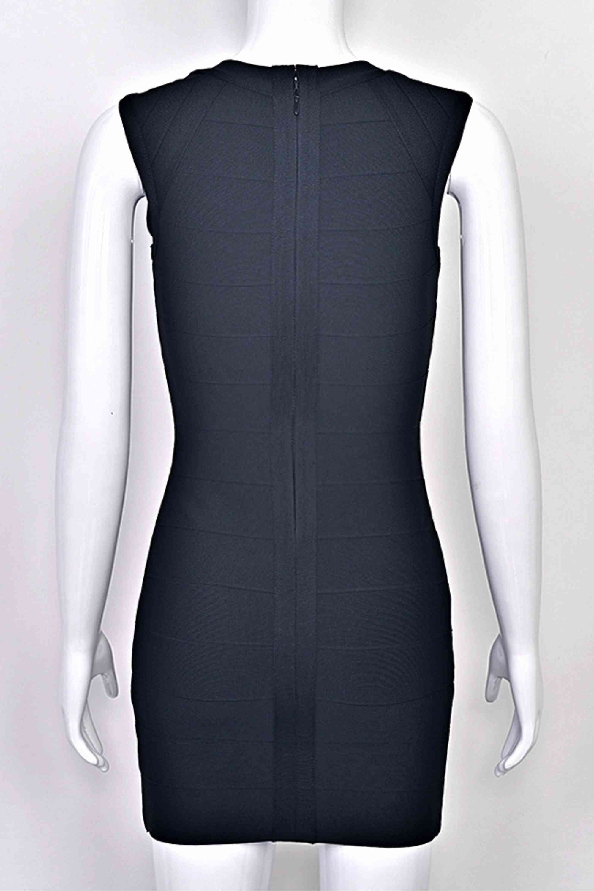 Woman wearing a figure flattering Sabrina Bandage Mini Dress - Classic Black BODYCON COLLECTION Pty Ltd