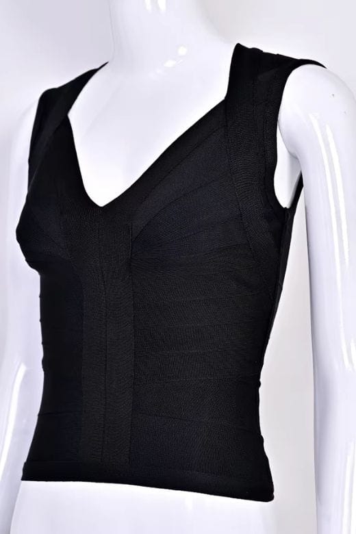 Woman wearing a figure flattering Sabrina Bandage Top - Classic Black BODYCON COLLECTION Pty Ltd