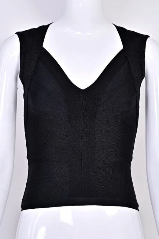 Woman wearing a figure flattering Sabrina Bandage Top - Classic Black BODYCON COLLECTION Pty Ltd