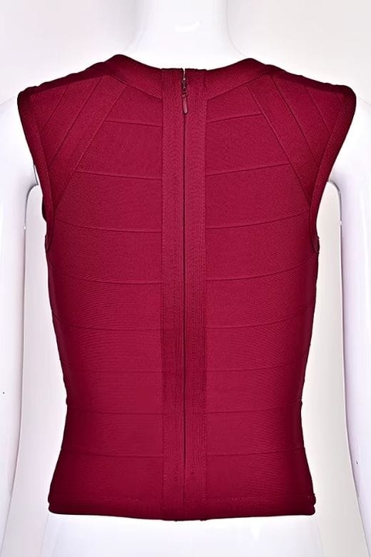 Woman wearing a figure flattering Sabrina Bandage Top - Red Wine BODYCON COLLECTION Pty Ltd