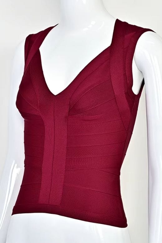 Woman wearing a figure flattering Sabrina Bandage Top - Red Wine BODYCON COLLECTION Pty Ltd