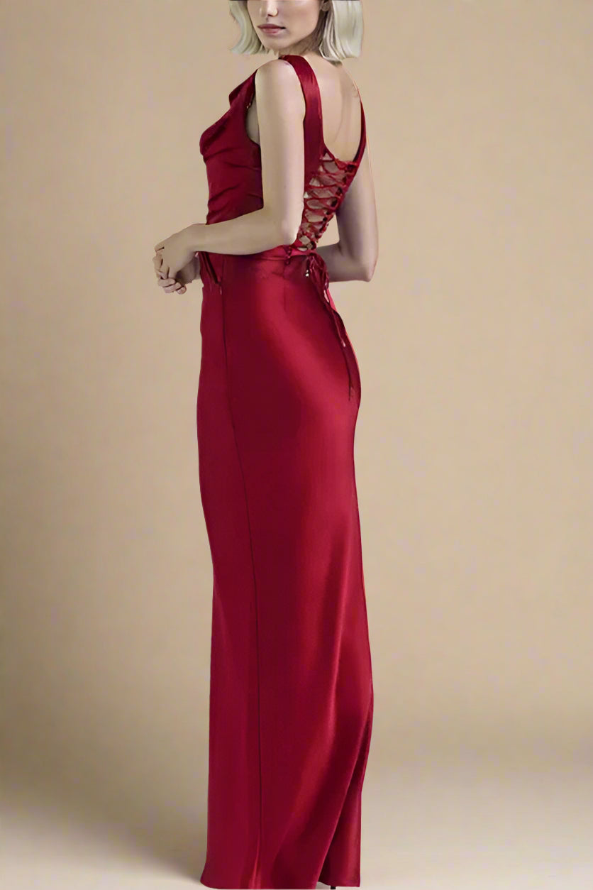 Woman wearing a figure flattering Sabrina Wrap Top and Maxi Skirt Outfit Set - Lipstick Red BODYCON COLLECTION