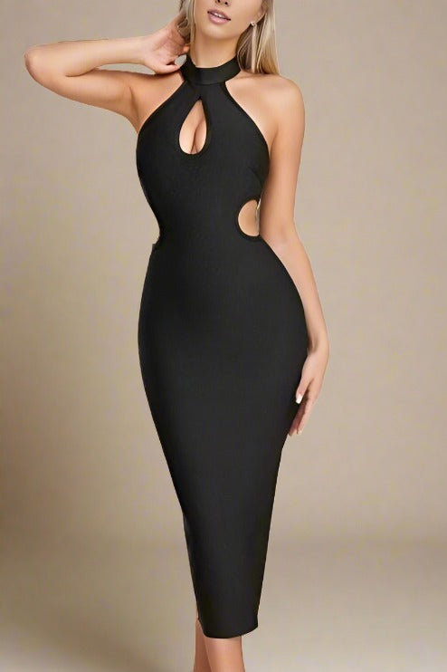 Woman wearing a figure flattering  Saint Bodycon Midi Dress - Classic Black BODYCON COLLECTION