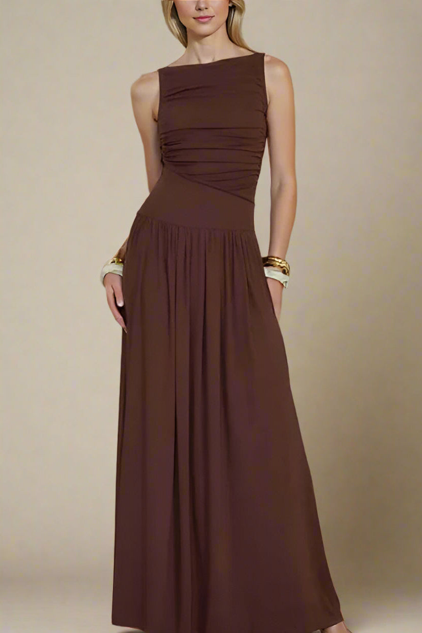 Woman wearing a figure flattering Saint Bodycon Wrap Maxi Dress - Chocolate Brown BODYCON COLLECTION Pty Ltd