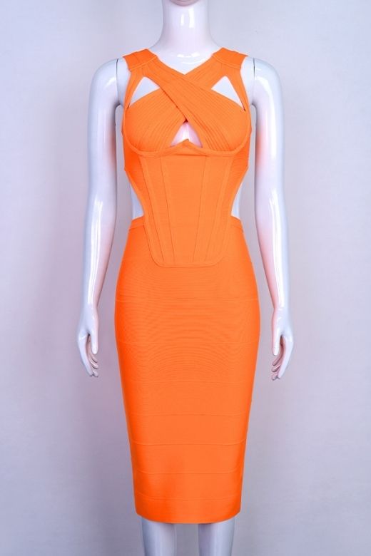 Woman wearing a figure flattering Sasha Bandage Midi Dress - Apricot Orange BODYCON COLLECTION