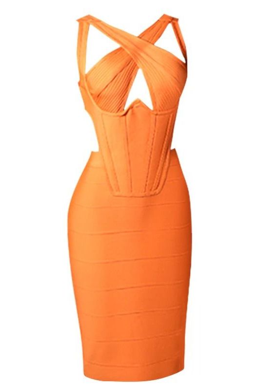 Woman wearing a figure flattering  Sasha Bandage Midi Dress - Apricot Orange BODYCON COLLECTION