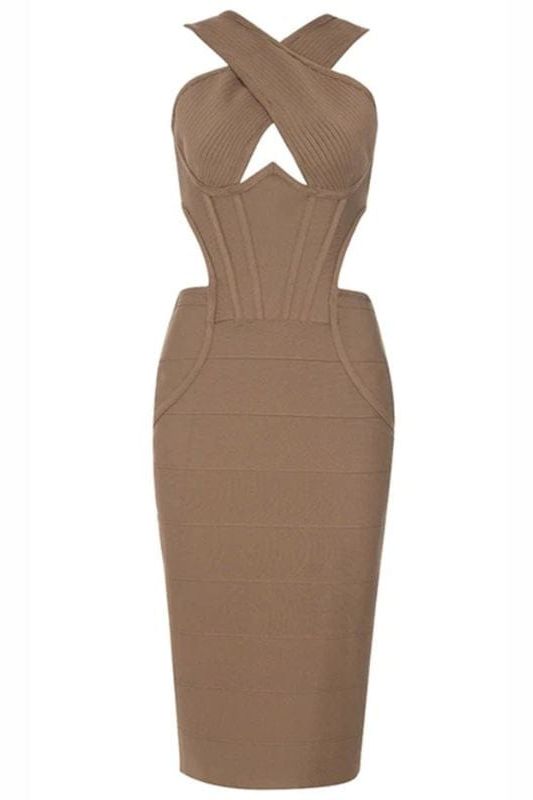 Woman wearing a figure flattering  Sasha Bandage Midi Dress - Tan BODYCON COLLECTION