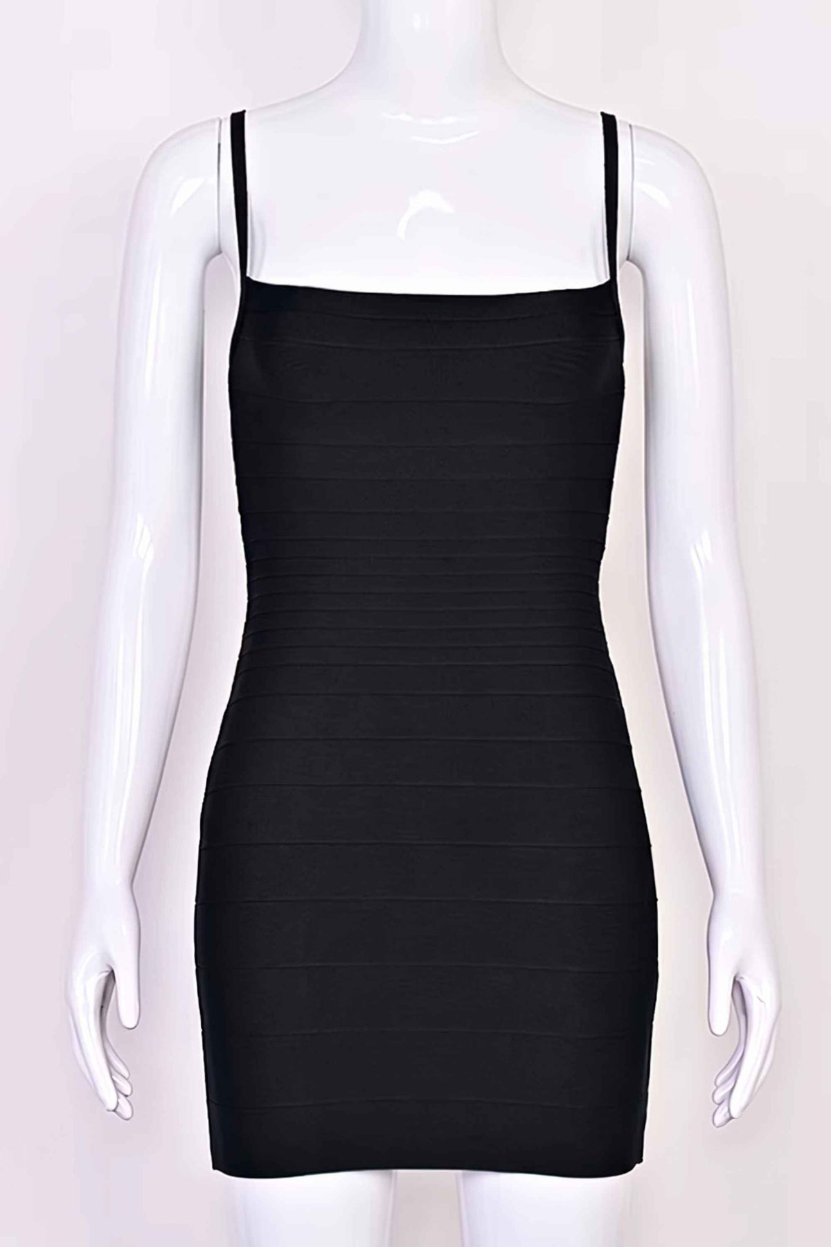 Woman wearing a figure flattering Scarlett Bandage Mini Dress - Classic Black BODYCON COLLECTION Pty Ltd