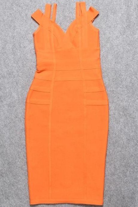 Woman wearing a figure flattering Sia Bandage Dress - Apricot Orange Bodycon Collection