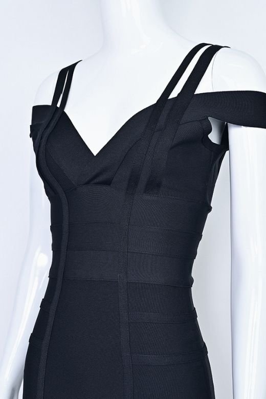 Woman wearing a figure flattering Sia Bandage Dress - Classic Black Bodycon Collection