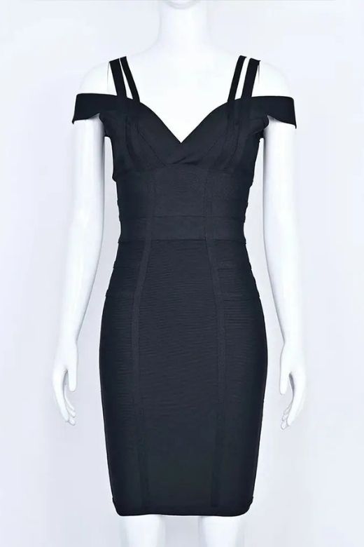 Woman wearing a figure flattering Sia Bandage Dress - Classic Black Bodycon Collection
