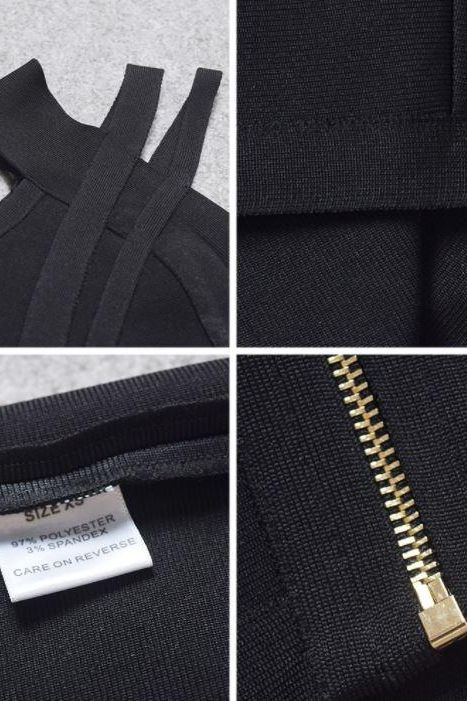 Woman wearing a figure flattering  Sia Bandage Dress - Classic Black Bodycon Collection