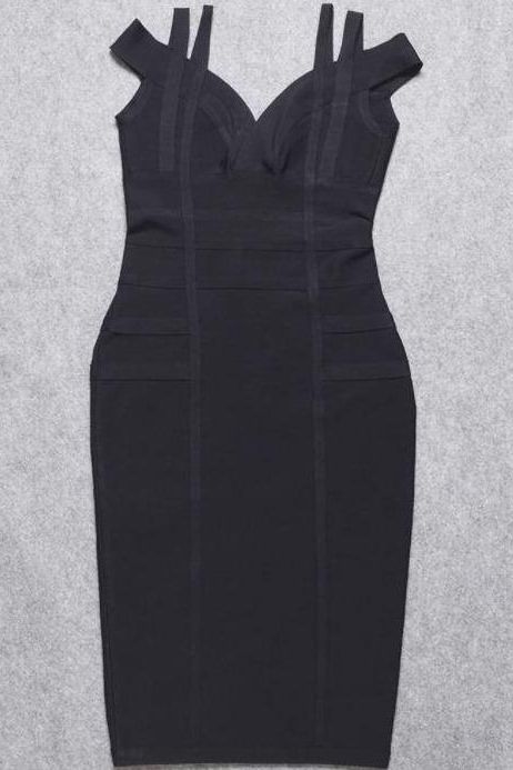 Woman wearing a figure flattering  Sia Bandage Dress - Classic Black Bodycon Collection