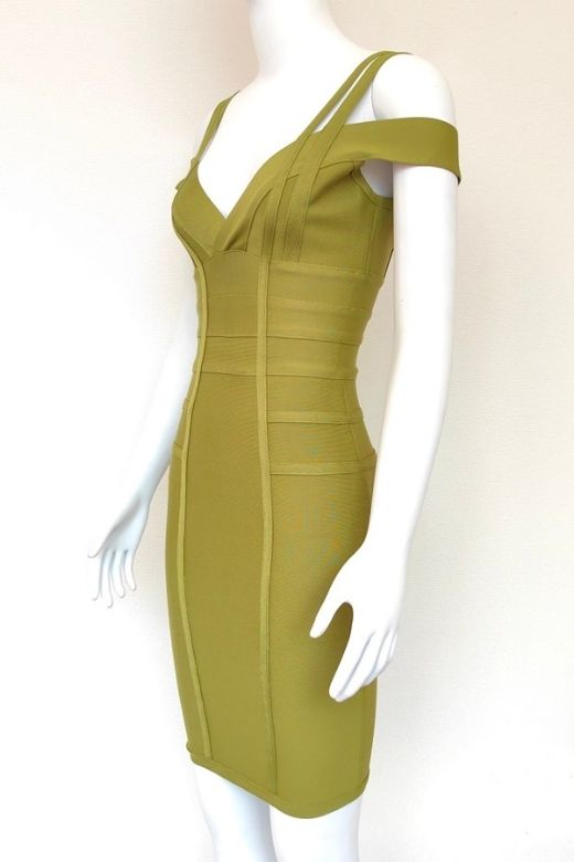 Woman wearing a figure flattering Sia Bandage Dress - Olive Green Bodycon Collection