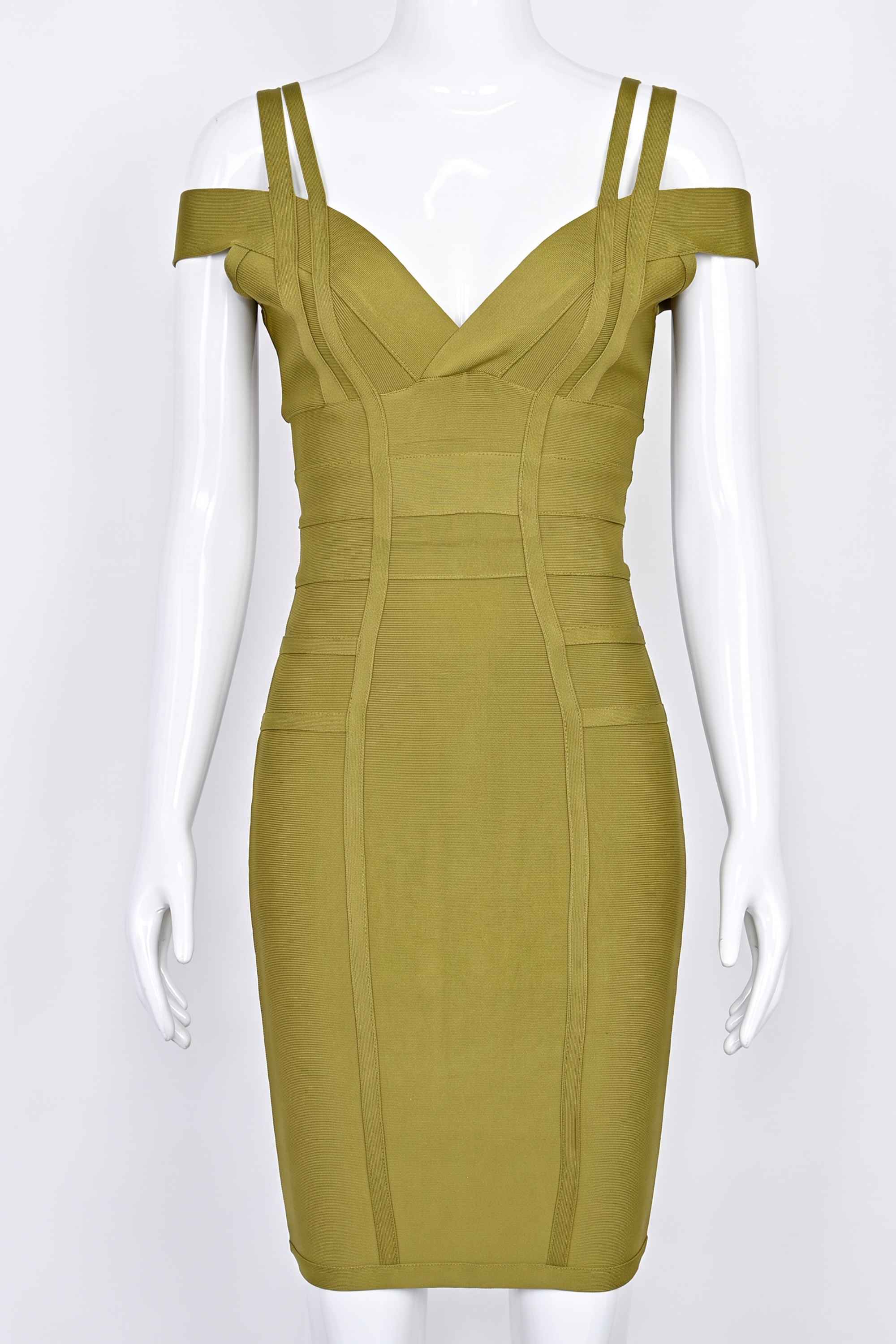 Woman wearing a figure flattering Sia Bandage Dress - Olive Green Bodycon Collection
