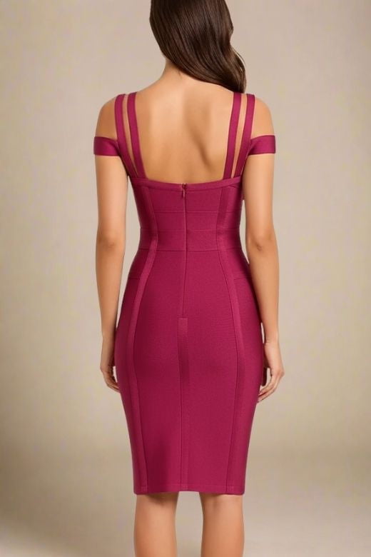 Woman wearing a figure flattering Sia Bandage Dress - Red Wine Bodycon Collection